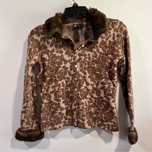 Vintage Carole Little Fur Collar Cardigan Retro Sweater Size medium wool fur